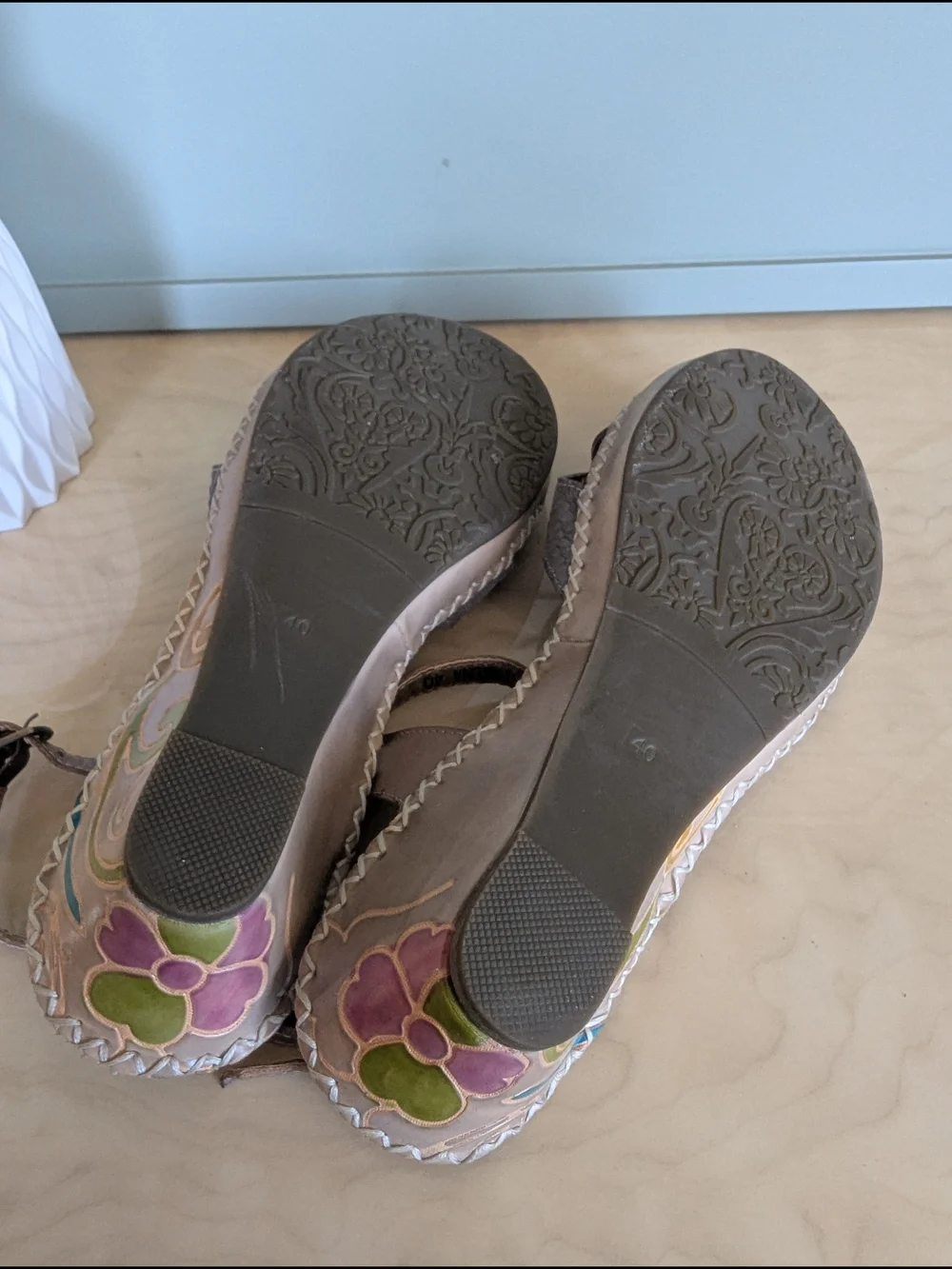Taupe Floral Beaded Women’s Sandals with Ankle Strap